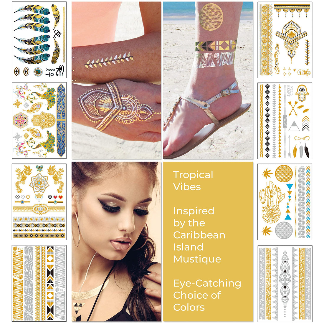 Metallic Temporary Tattoos for Girls Women Teens - 8 Sheets 100+ Gold Silver Temporary Tattoos Glitter Shimmer Tattoo Designs Jewelry Tattoos - Color Flash Fake Waterproof Tattoo Stickers (Mustique)