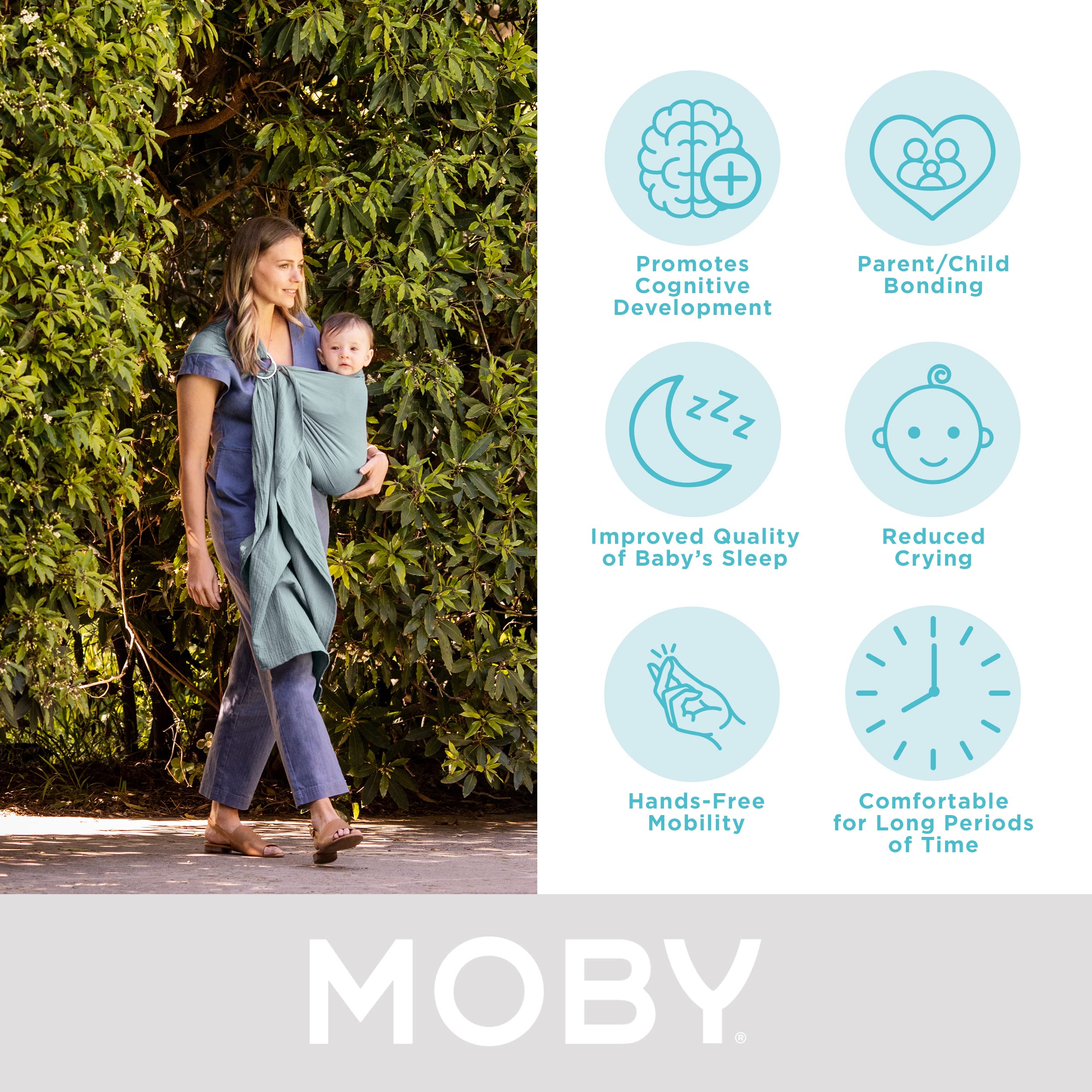 Moby Baby Wrap Carrier Ring Sling for Newborns to Toddlers, Hands-Free, Versatile Support for Moms & Dads, Breathable & Lightweight, Supports Children 8-30 lbs (Fern)