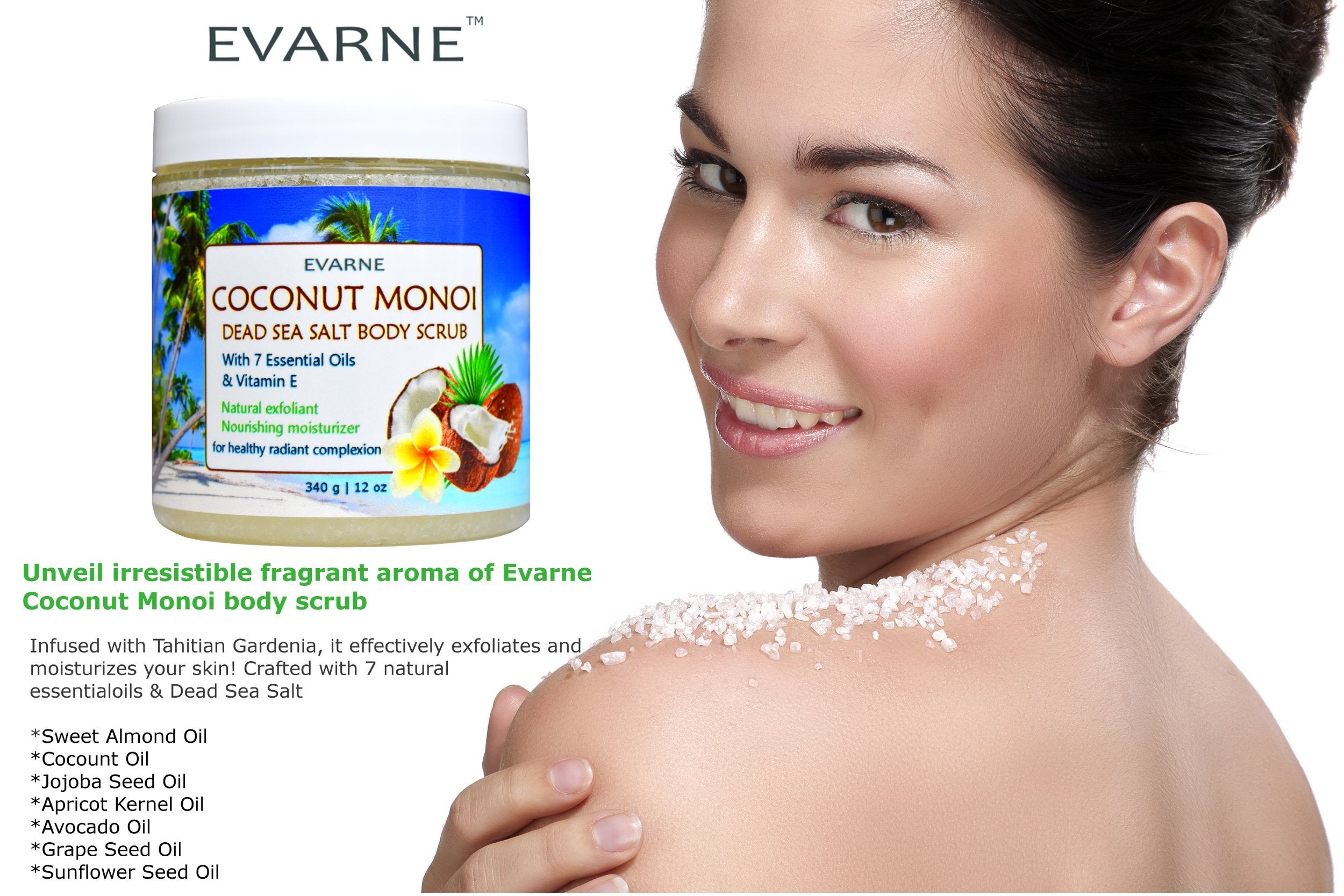 Evarne Coconut Monoi Dead Sea Salt Body Scrub with 7 Essential Oils and Vitamin E