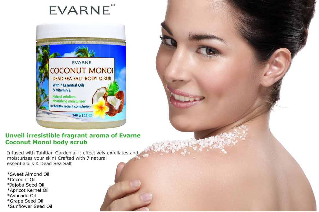 Evarne Coconut Monoi Dead Sea Salt Body Scrub with 7 Essential Oils and Vitamin E