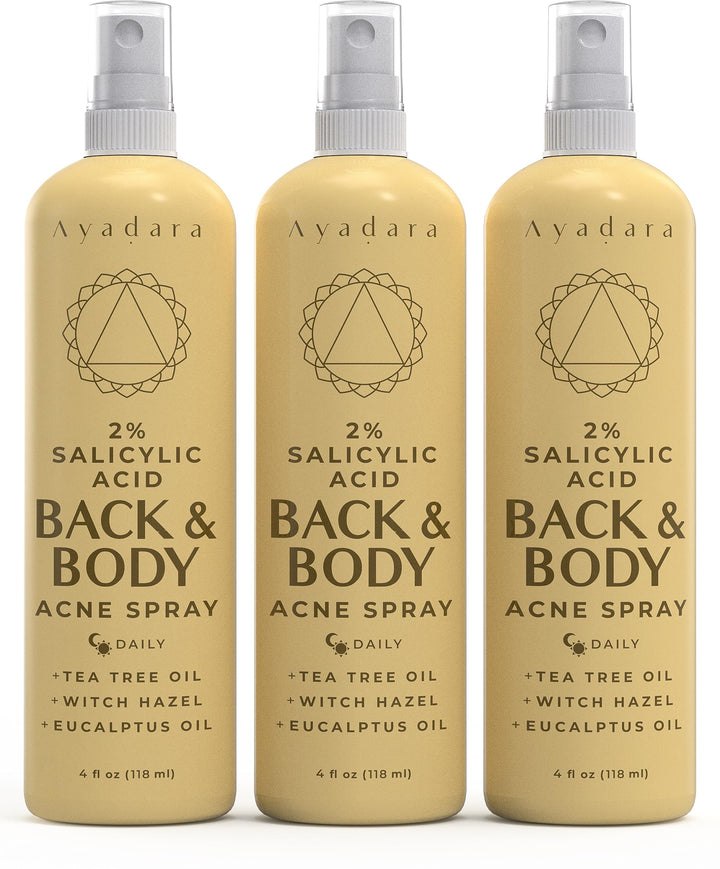 AYADARA Acne Treatment Body Spray with 2% Salicylic Acid, Tea Tree Scent, for All Hair Types, Soothing and Moisturizing, 3-Pack
