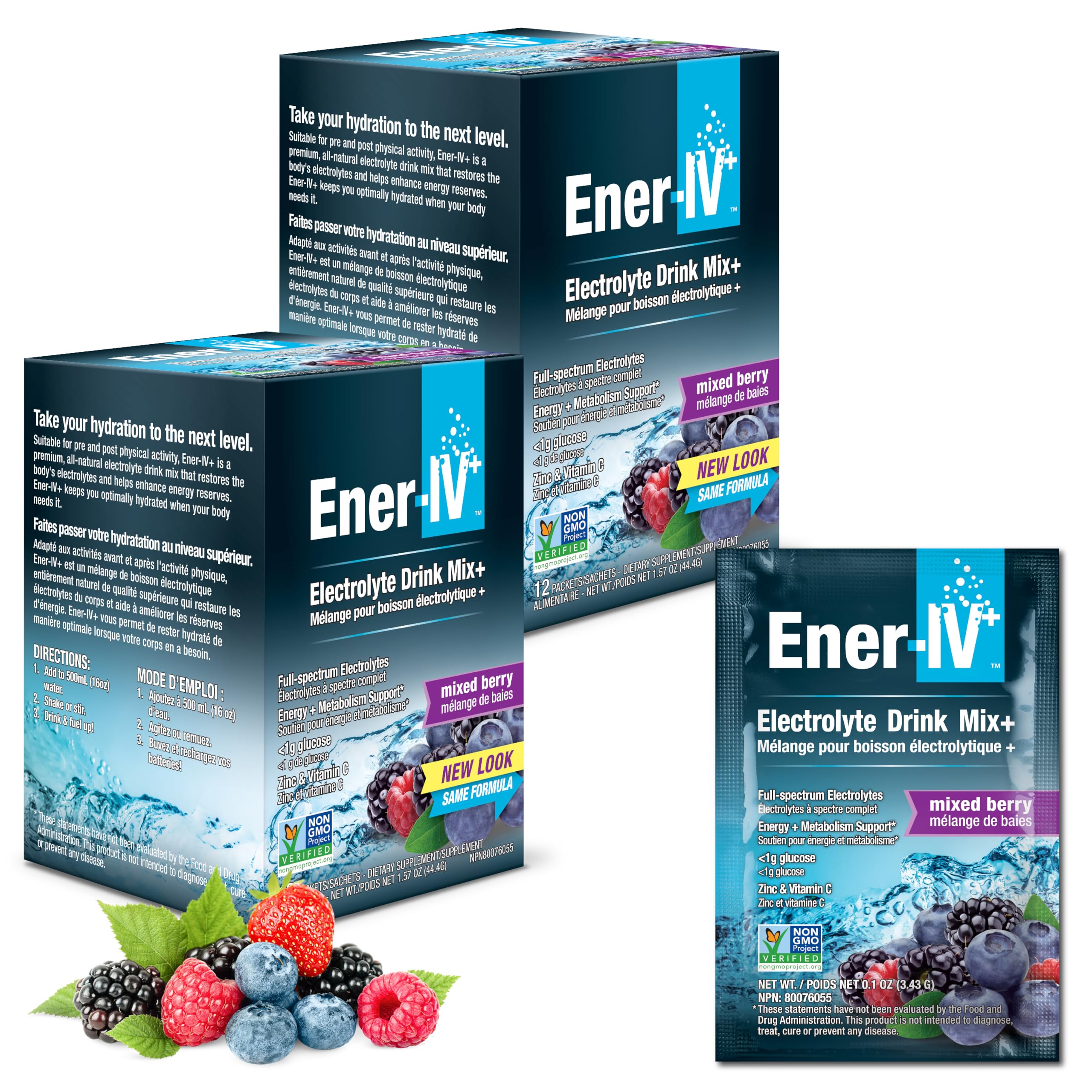 Ener-IV Electrolyte Hydration & Energy Drink Potassium Vitamin C & Zinc Electrolytes Powder Packets - Muscle Recovery & Immunity Sports Drinks for Women & Men Low Sugar Vegan, Mixed Berry - 24 Count