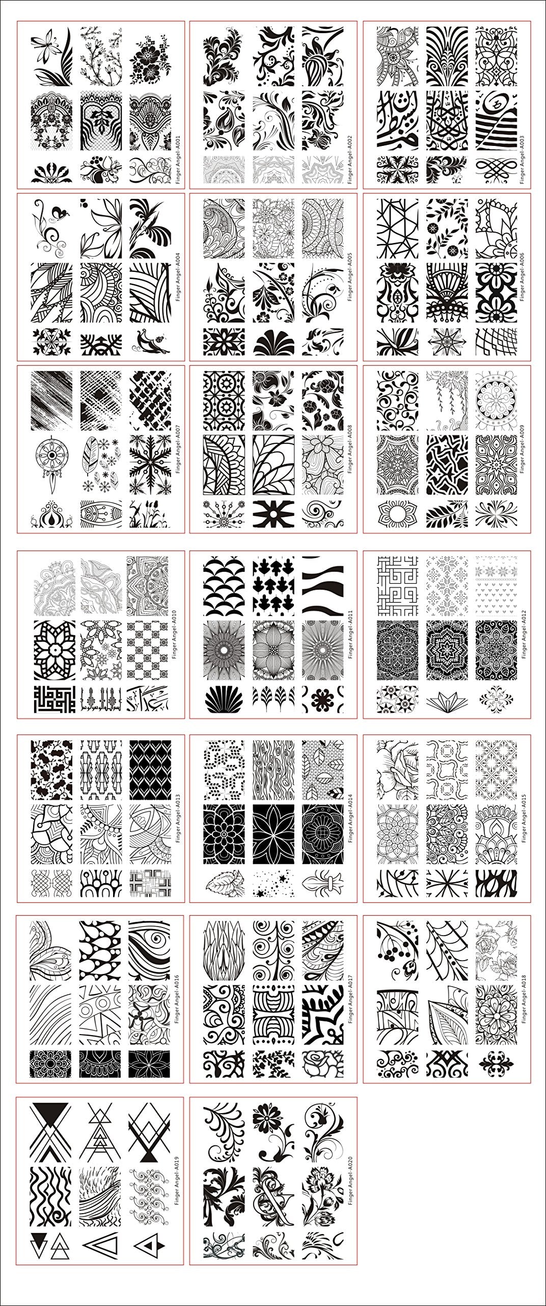 Finger Angel 20 Pcs Different Design Nail Art Stamping Plates + 1 Pcs Square Green Rubber Stamper DIY Nail Art Image Stamp Plates Manicure Template Nail Art Tools