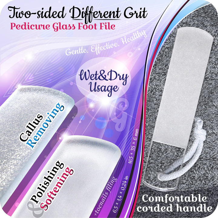 Genuine Czech Glass Foot File - Two-Sided Different Grit Surface, Gentle Callus Remover, Pedicure & Spa Rough Skin Scrubber, Professional Toenail And Heels Care, EU Quality, Large Size