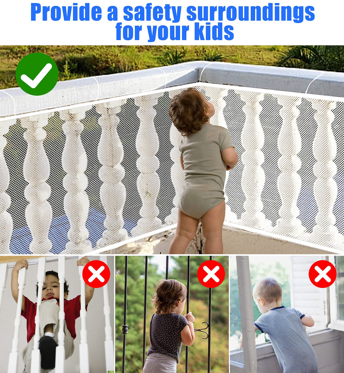 JIFTOK Baby Gate for Stairs, Banister Guard for Kids, Pets, Toys, 15ft L x 2.66 ft H, Mesh Netting Safety Net for Balcony Rail Stair, Stairway Net Baby Safety Products for Indoor & Outdoor (White)