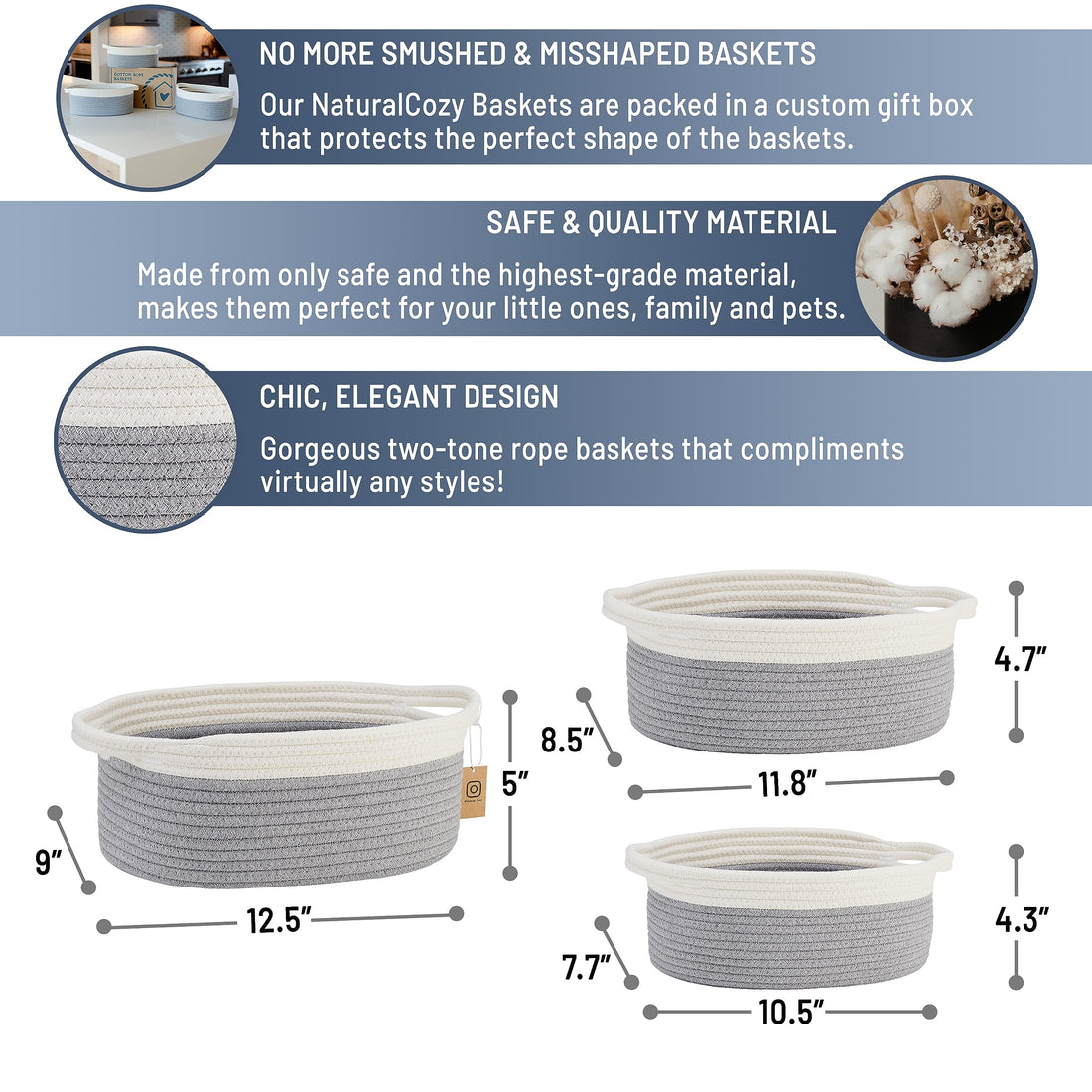 NaturalCozy 3-Piece Oval Storage Basket Set– Soft Natural Rope Woven Baskets for Storage Shelf, Toy, Nursery, Gift, Baby Shower, Pets Cat Dog Bins | Small Basket for Organizing (Off White & Gray)