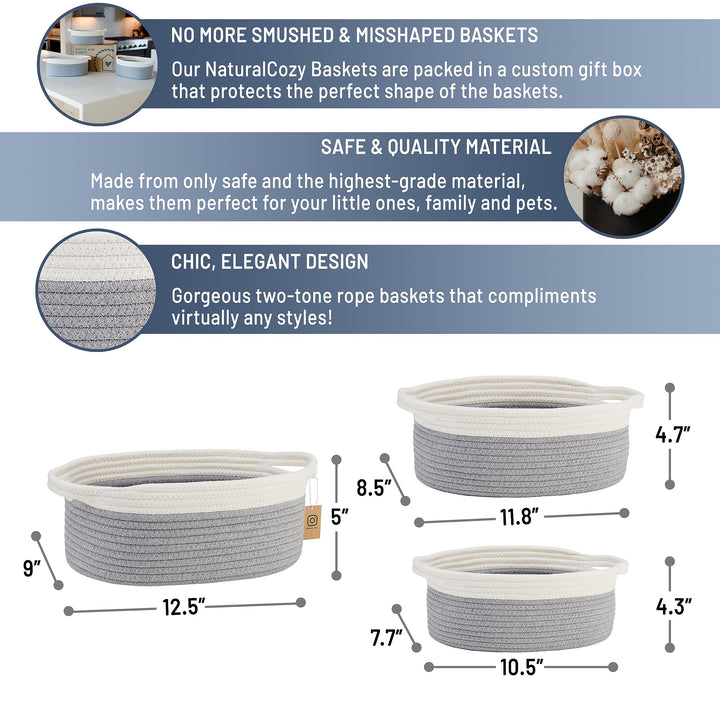 NaturalCozy 3-Piece Oval Storage Basket Set– Soft Natural Rope Woven Baskets for Storage Shelf, Toy, Nursery, Gift, Baby Shower, Pets Cat Dog Bins | Small Basket for Organizing (Off White & Gray)