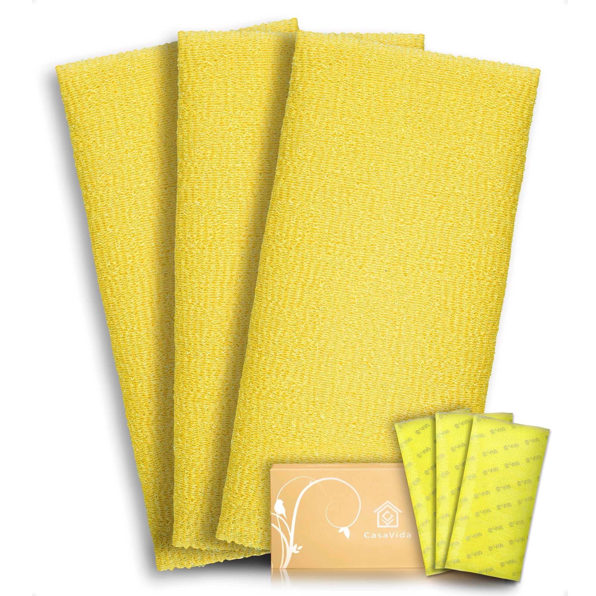 Exfoliating Washcloth Japanese Beauty Washcloth Nylon Bath Sponge Korean Loofah Towel Large Wash Cloth Body Scrub Premium Washcloths Exfoliating Shower Back Scrubber 3 Pack by CasaVida (Yellow x 3)