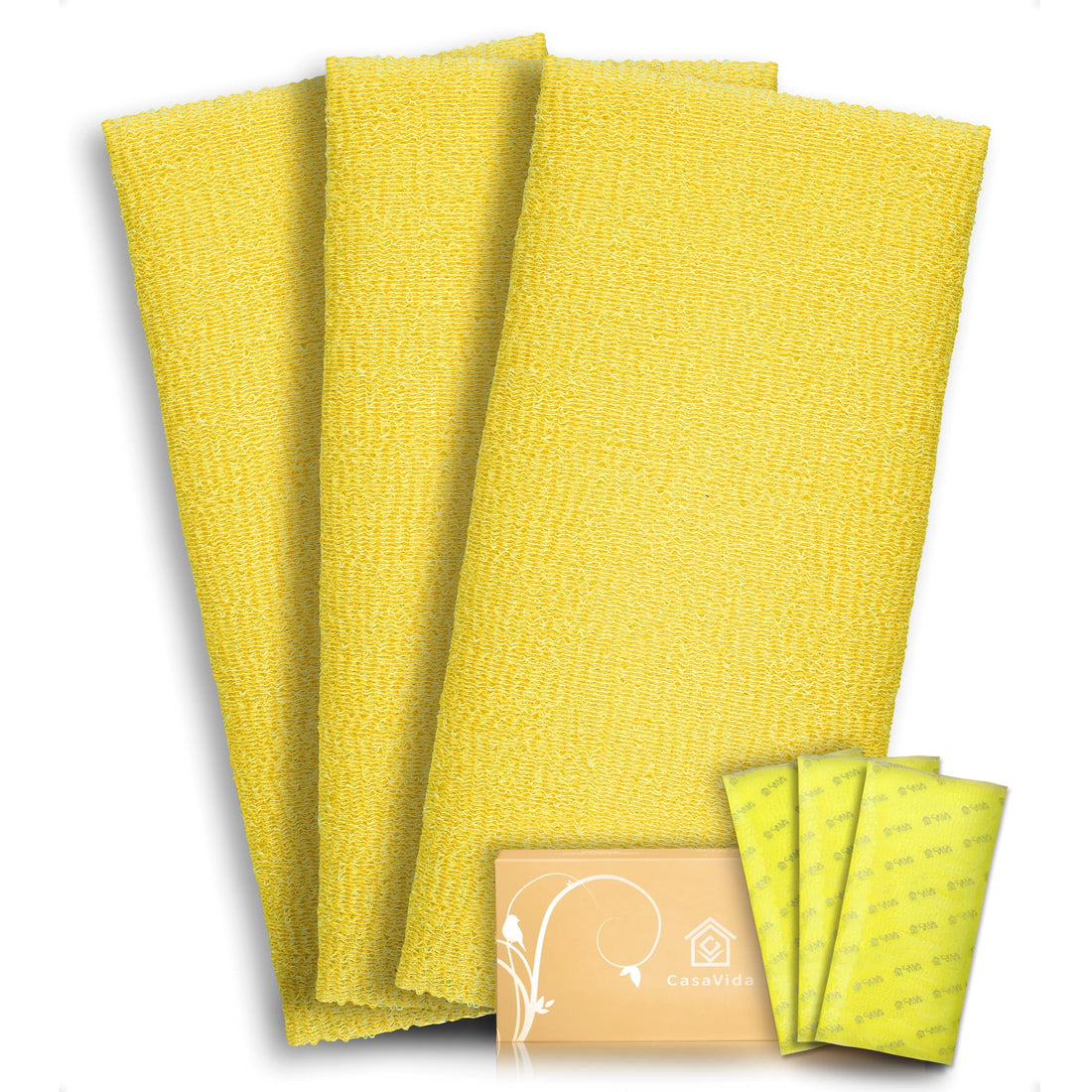 Exfoliating Washcloth Japanese Beauty Washcloth Nylon Bath Sponge Korean Loofah Towel Large Wash Cloth Body Scrub Premium Washcloths Exfoliating Shower Back Scrubber 3 Pack by CasaVida (Yellow x 3)