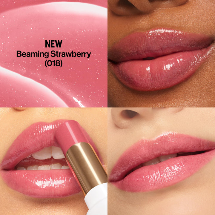 REVLON Super Lustrous Glass Shine Balm, Hydrating Tinted Lip Balm with Hyaluronic Acid, Aloe & Rose Quartz, Medium Pink Lipstick, Beaming Strawberry, 0.11 oz