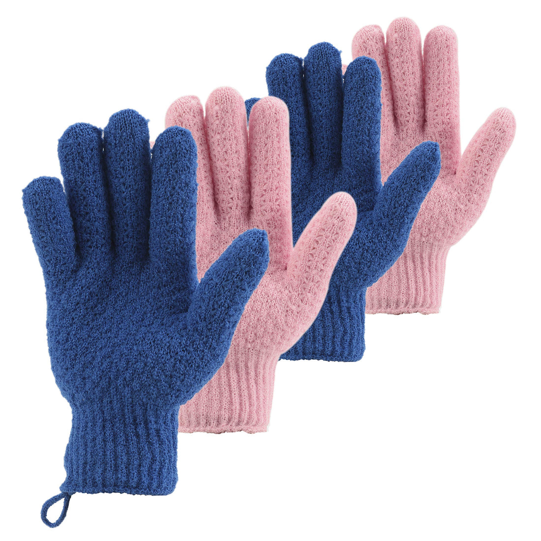CLEEDY Bath Exfoliating Gloves Scrub - 4 pcs (2 Pair) Lengthened and Large Exfoliating Scrubbing Gloves for Shower, Spa, Massage - Scrub Exfoliating Mitts for Body, Face, Hand and Foot(Blue and Pink)