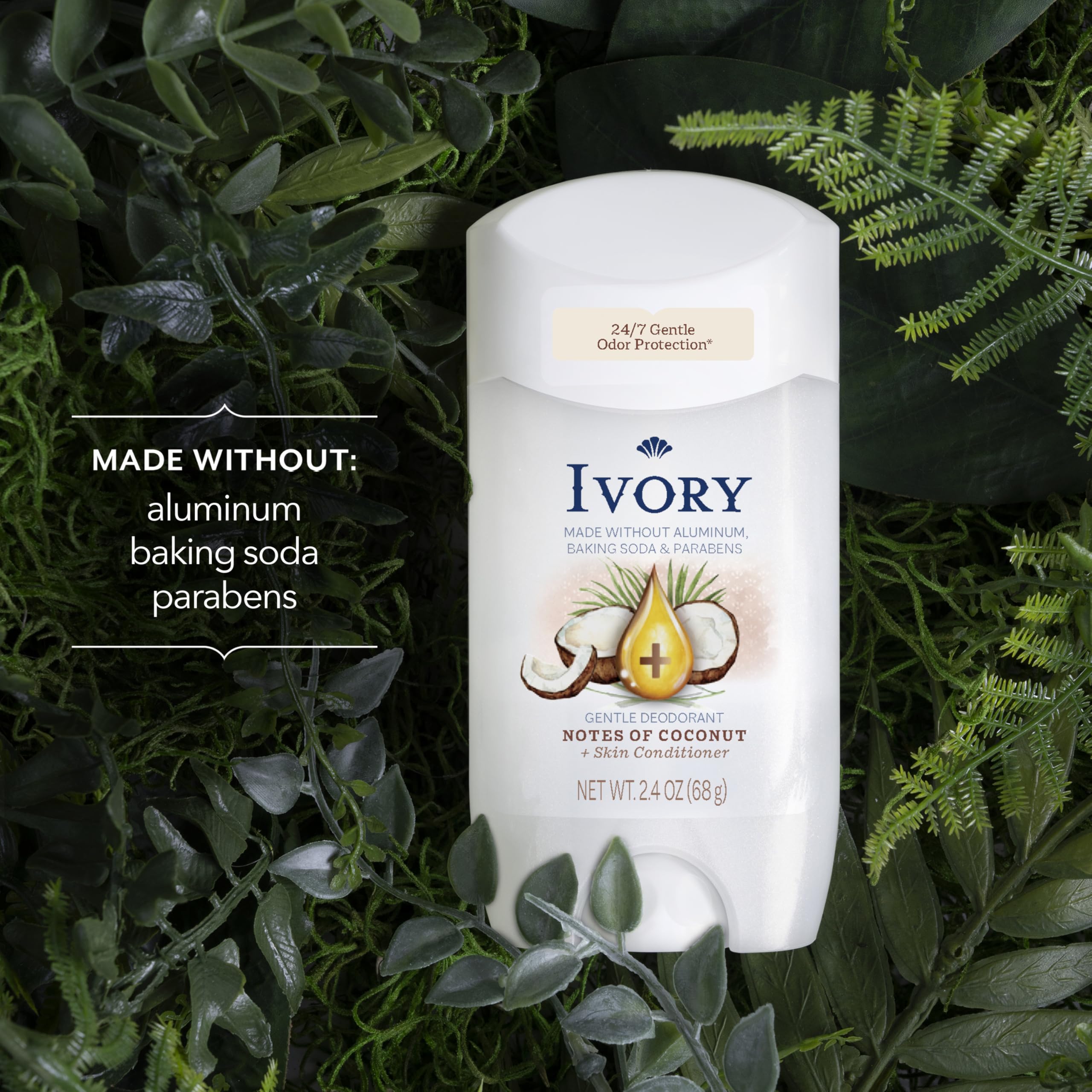 Ivory Aluminum Free Deodorant, Notes of Coconut, 24hr Gentle Deodorant, Dermatologist Tested, Baking Soda Free, Paraben Free, 2.4 oz