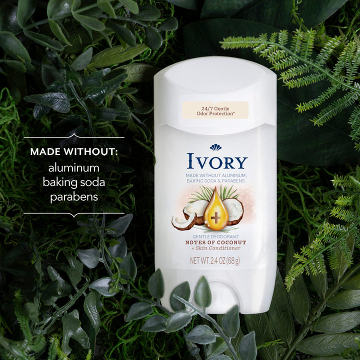 Ivory Aluminum Free Deodorant, Notes of Coconut, 24hr Gentle Deodorant, Dermatologist Tested, Baking Soda Free, Paraben Free, 2.4 oz
