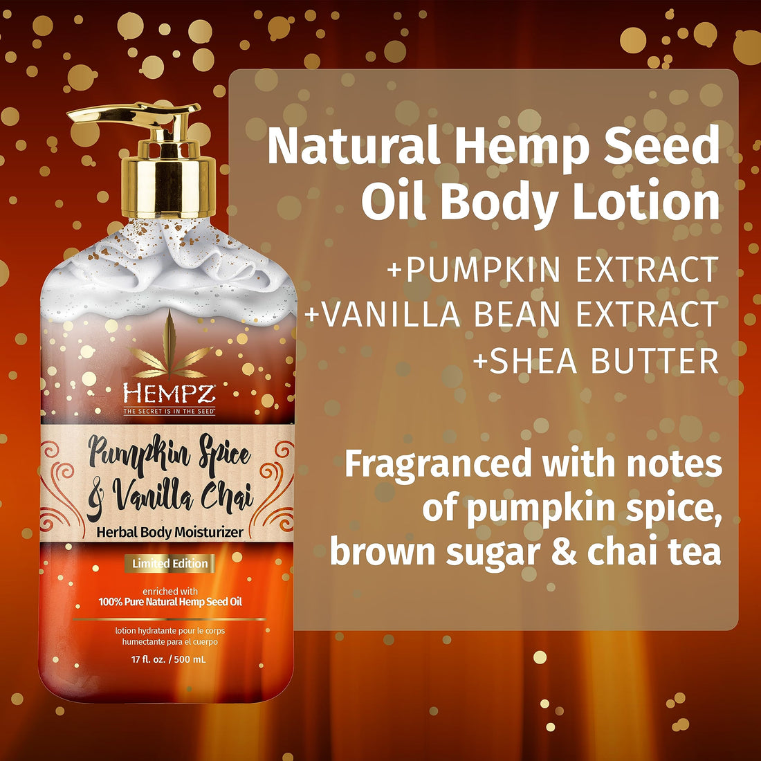Limited Edition Pumpkin Spice & Vanilla Chai Herbal Moisturizing Body Lotion (17 oz) – Fall Scented for Women or Men with Dry or Sensitive Skin - Hydrating Moisturizer for Daily Radiance