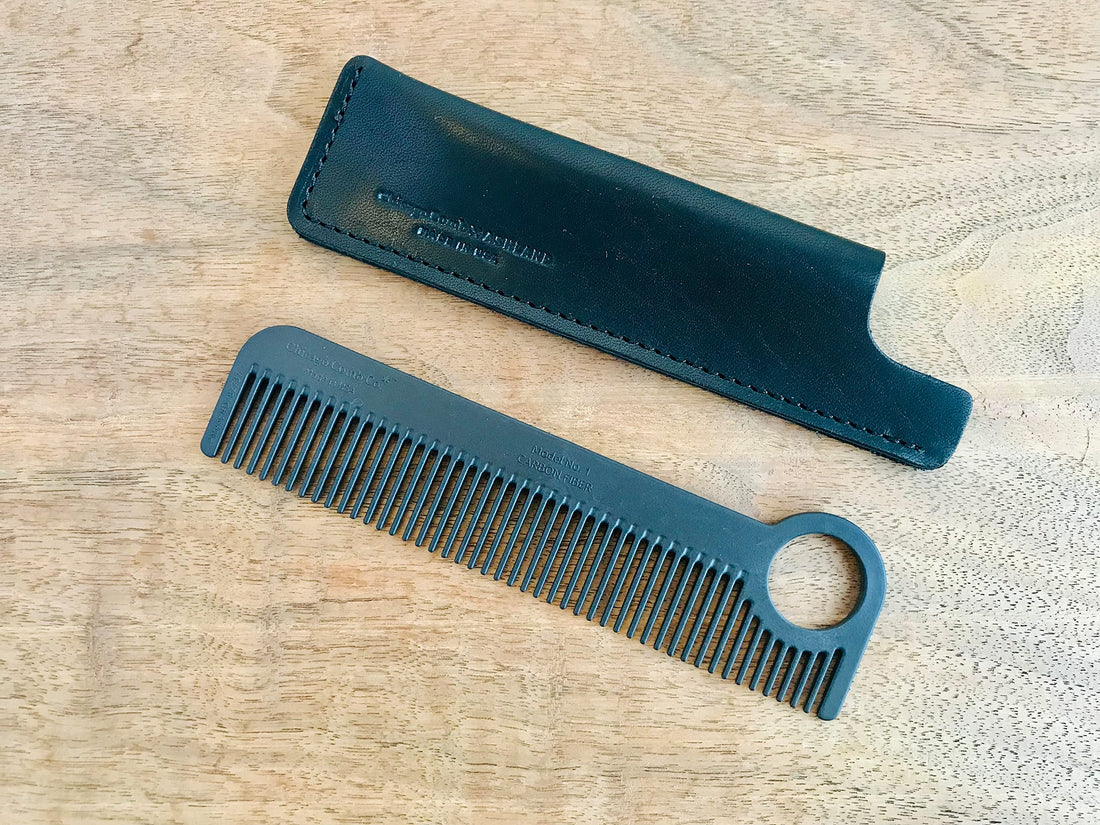 Chicago Comb Model 1 Carbon Fiber Comb + Dublin Black Horween leather sheath, Made in USA.