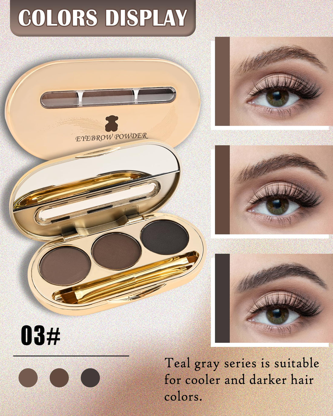 Eyebrow Powder Makeup Kit-3 Colors Eye Brow Tinting Powder Palette for Women Eyebrows Long-Lasting Waterproof, Dark Light Black Brown Brow Filler, Enhance & Define Brows, With Mirror, Brow Tool-Set 03