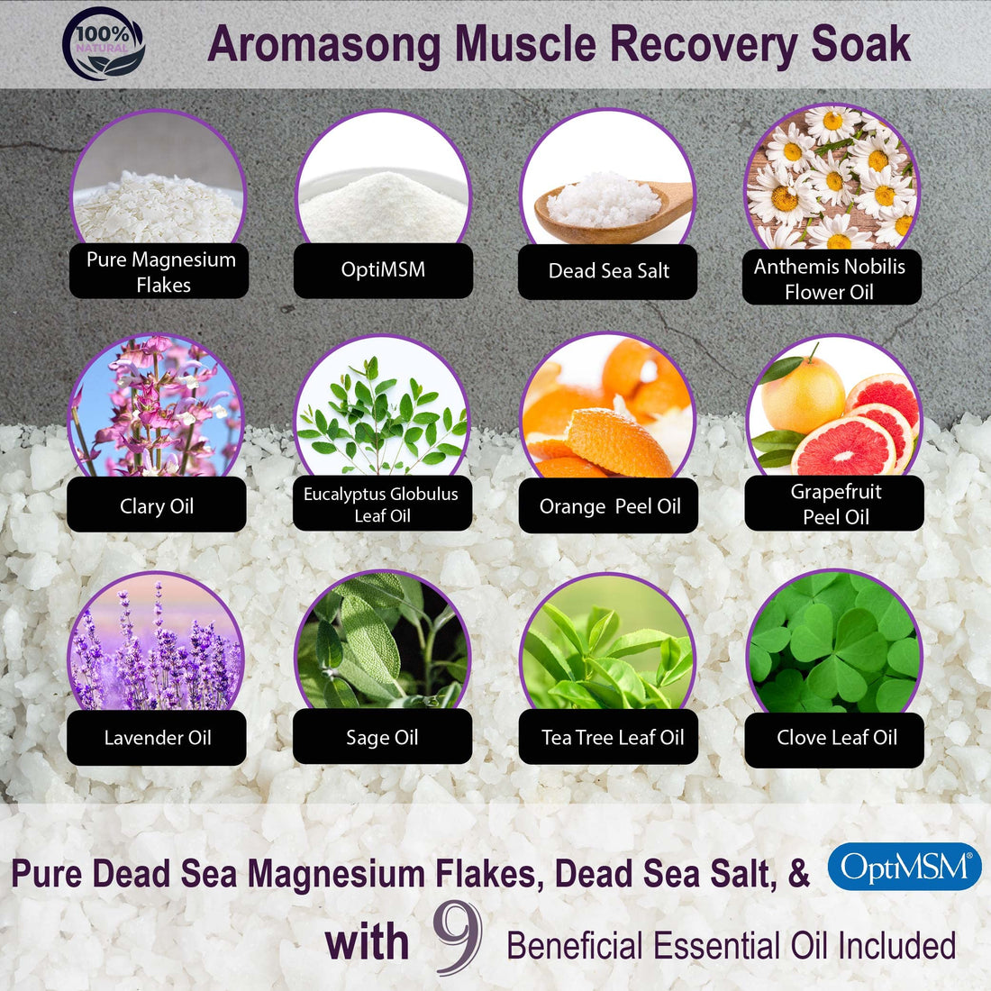 Aromasong Muscle Recovery Bath Soak with Dead Sea Salt, OptiMSM, Magnesium Flakes & Essential Oils for Post Workout Soreness - Made in USA - 14 oz. Bag Bath Salt for Pain Relief.