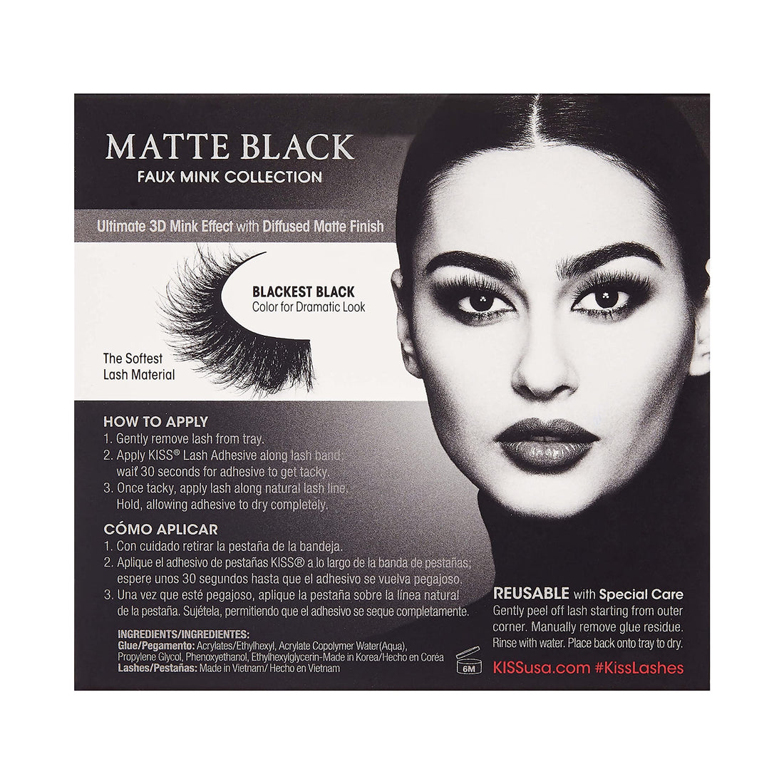 KISS Lash Couture Matte Black Faux Mink Collection, False Eyelashes 1-Pack, Soft Real Mink Texture & Matte Finish, High Impact Color, 3D Volume, Knot-Free Lash Band, Reusable, Matte Satin, 1 Pair