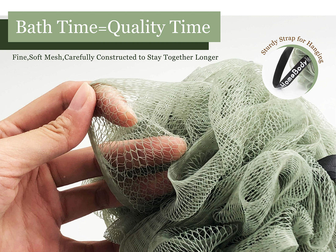 Large 70g Luxury Shower Pouf, Bath Sponge, Mesh Loofah Body Scrubber - Infused with Activated Charcoal, for Bath and Shower, Gentle Exfoliation and Lots of Lather, 3 Pack