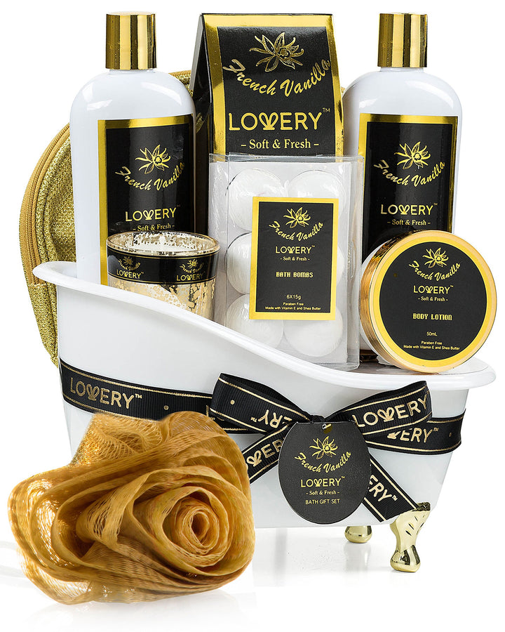 Bath Gift Basket Set for Women: Relaxing at Home Spa Kit Scented with French Vanilla - Includes Bath Bombs, Salts, Shower Gel, Body Butter Lotion, Spa Candle, Cosmetic Bag, Loofah & More