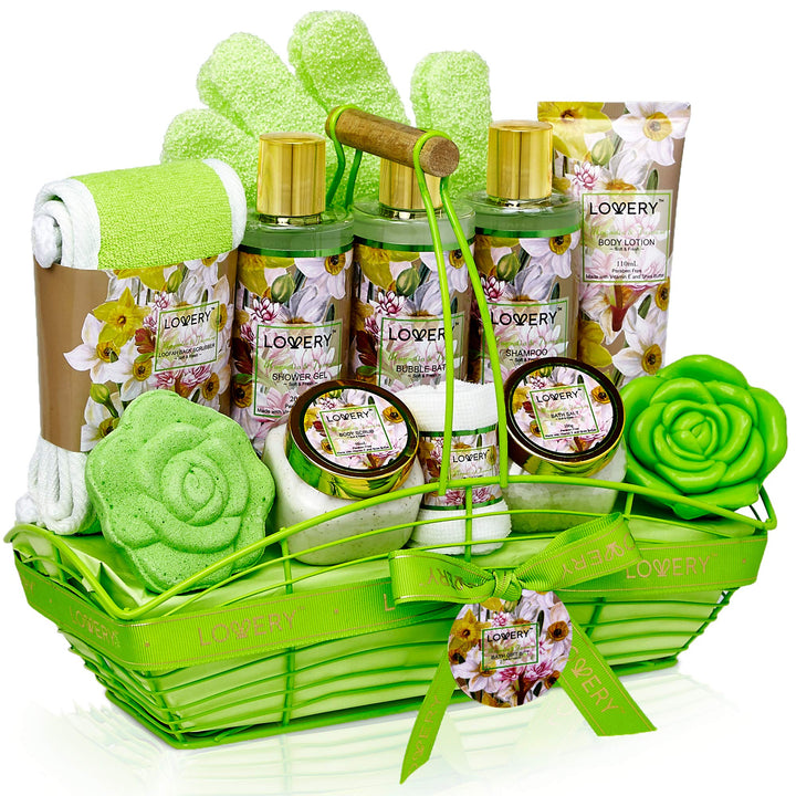 Bath and Body Gift Basket For Women & Men ââ‚¬â€œ Magnolia and Jasmine Home Spa Set, Includes Fragrant Lotions, Bath Bomb, Towel, Shower Gloves, Green Wired Bread Basket and More - 13 Piece Set