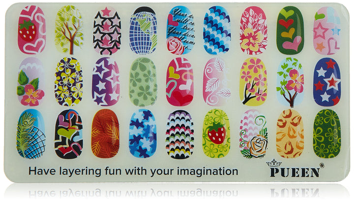 PUEEN Nail Art Stamping Plate -Double Fun 01 - Layering Collection 125x65mm Unique Nailart Polish Stamping Manicure Image Plates Accessories Kit - BH000724