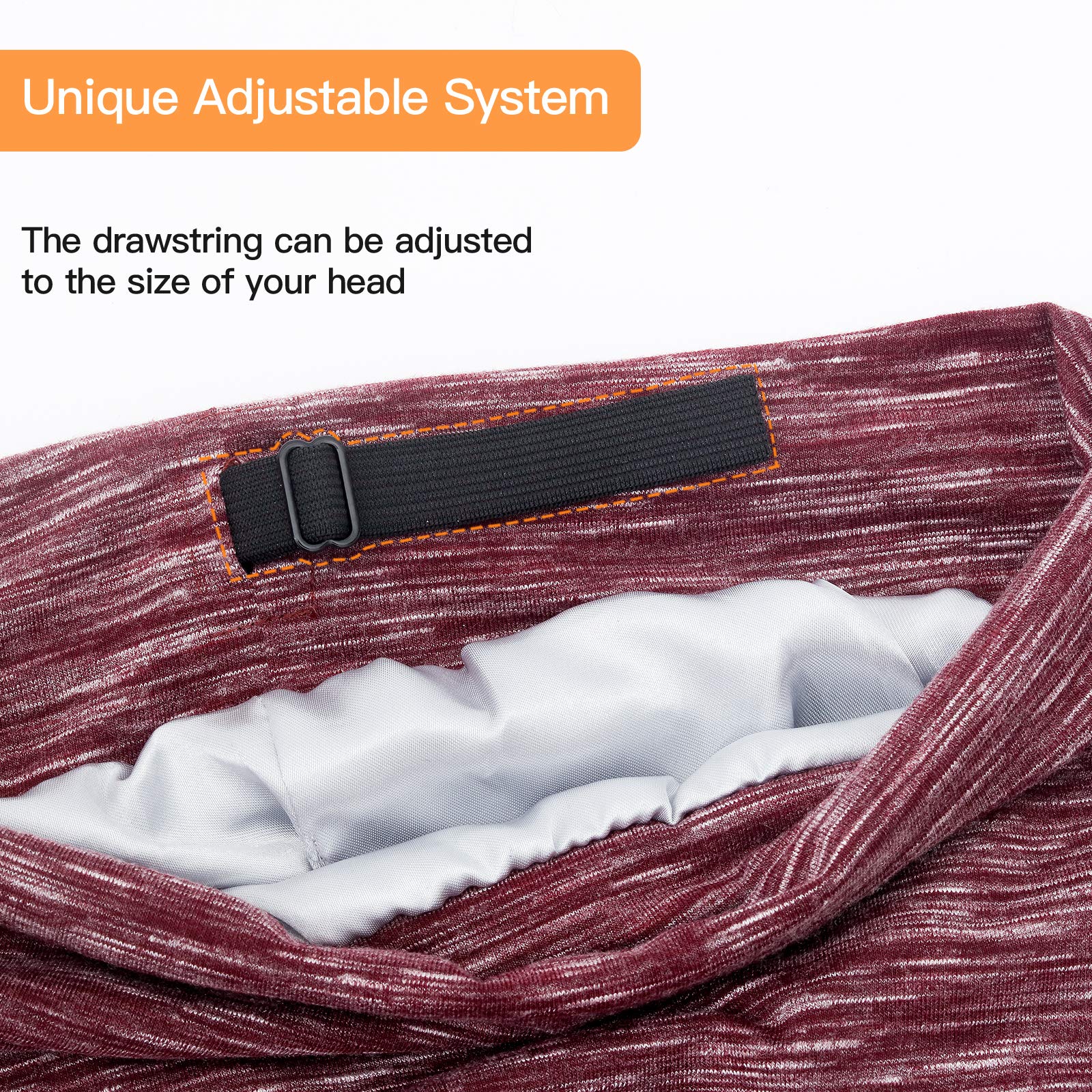 Silk Satin Lined Bonnet Sleep Cap - Adjustable Stay on All Night Hair Wrap Cover Slouchy Beanie for Curly Hair Protection for Women and Men - Heather Burgundy