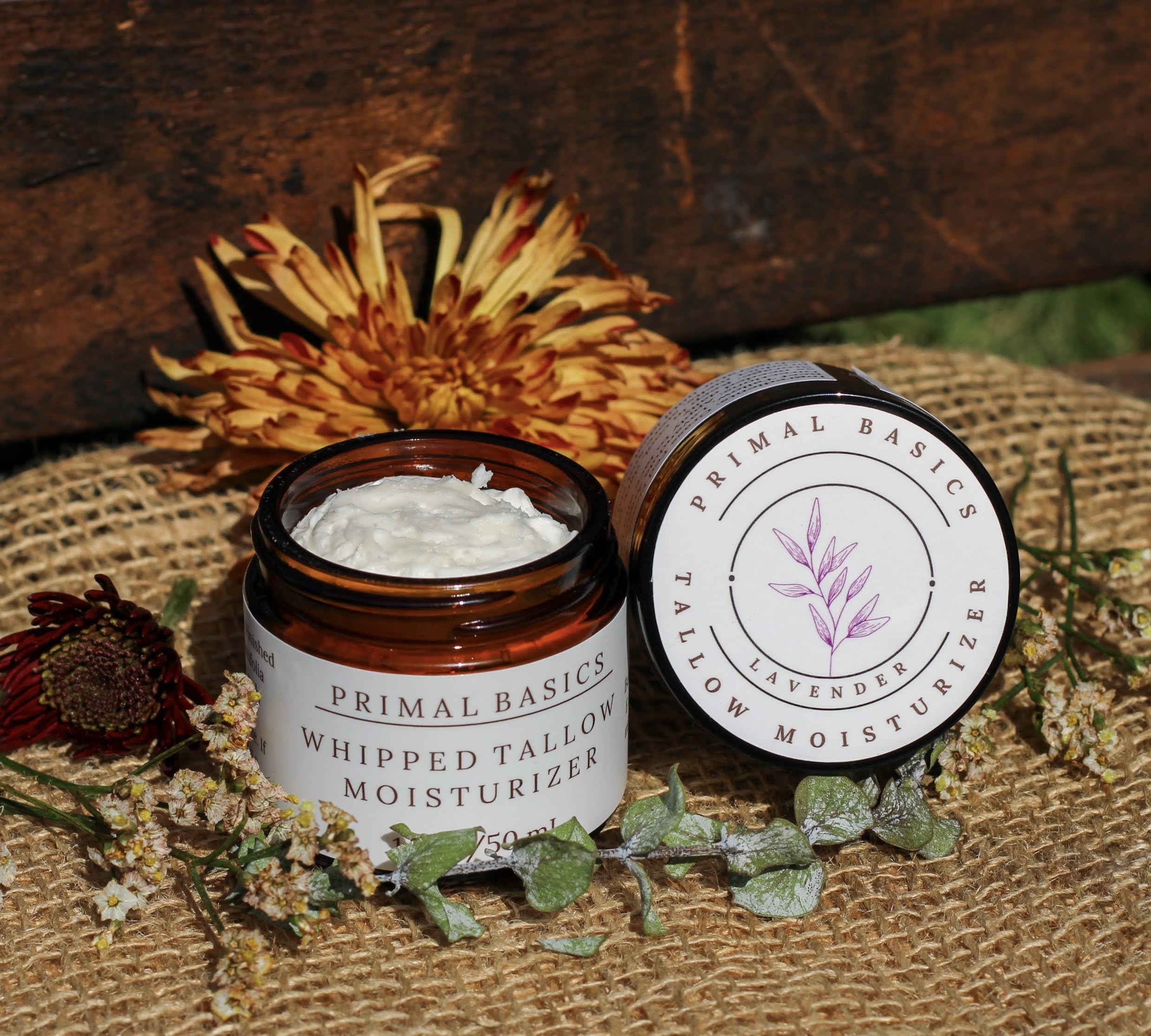 Primal Basics 100% Grass Fed Grass Finished Whipped Lavender Beef Tallow Moisturizer/Body Balm for Face, Body, Oily, Dry, Sensitive Skin -Contains Vitamins A, D, E, K -USA Made (1.7 oz, Lavender)
