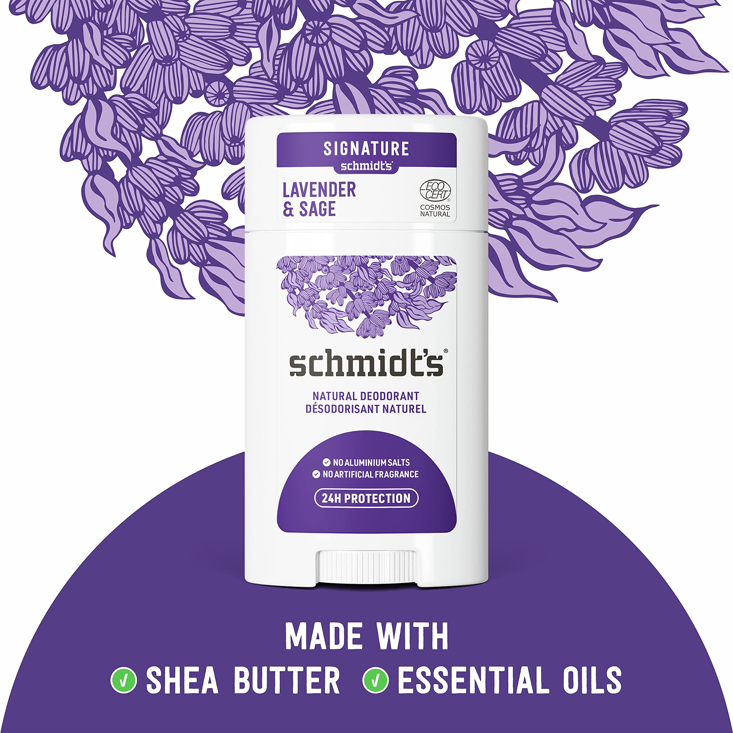 Schmidt's Aluminum Free Natural Deodorant for Women and Men, Lavender and Sage with 24 Hour Odor Protection, Certified Natural, Vegan, Cruelty Free, 2.65 oz
