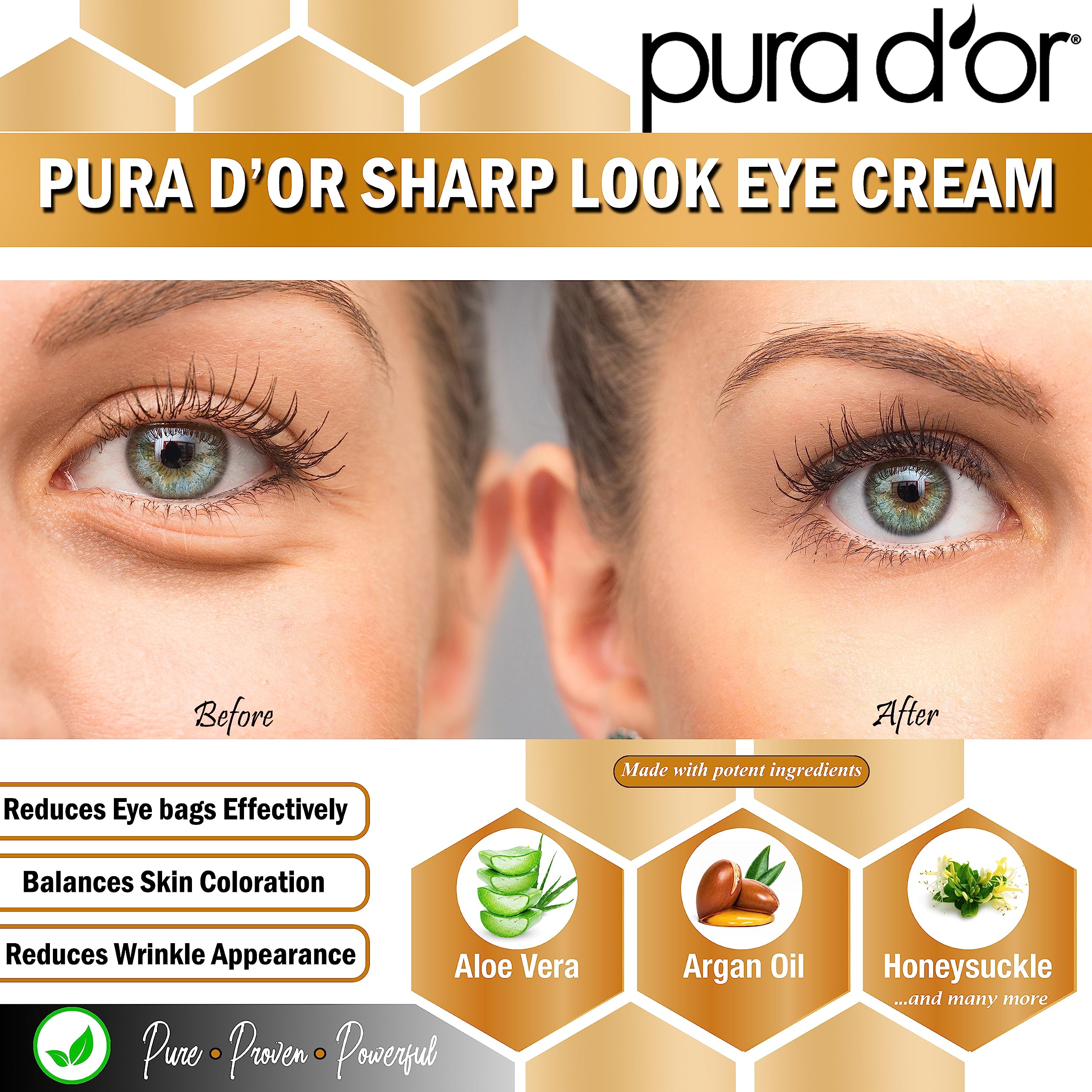 PURA Dââ‚¬â„¢OR Sharp Look Eye Cream - Youth-Enhancing Eye Cream For Firm Lift and Reduced Appearance of Wrinkles and Fine Lines, Puffiness and Under Eye Bags With 24K Gold (1.7oz)