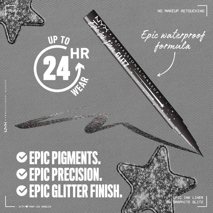 NYX PROFESSIONAL MAKEUP Epic Ink Glitz Liner, Waterproof Metallic Liquid Eyeliner with Vegan Formula - Graphite Glitz (Shimmer Graphite Black)