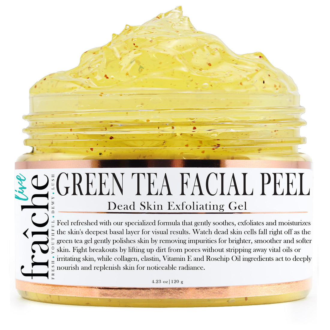 Live Fraiche 24k Gold Brightening Facial Peeling Gel Green Tea - 4.23oz -Secret Cure to Clogged Pores -Gentle Deep Exfoliator Key to Remove Dead Skin & Dirt for forever flawless clearer younger skin