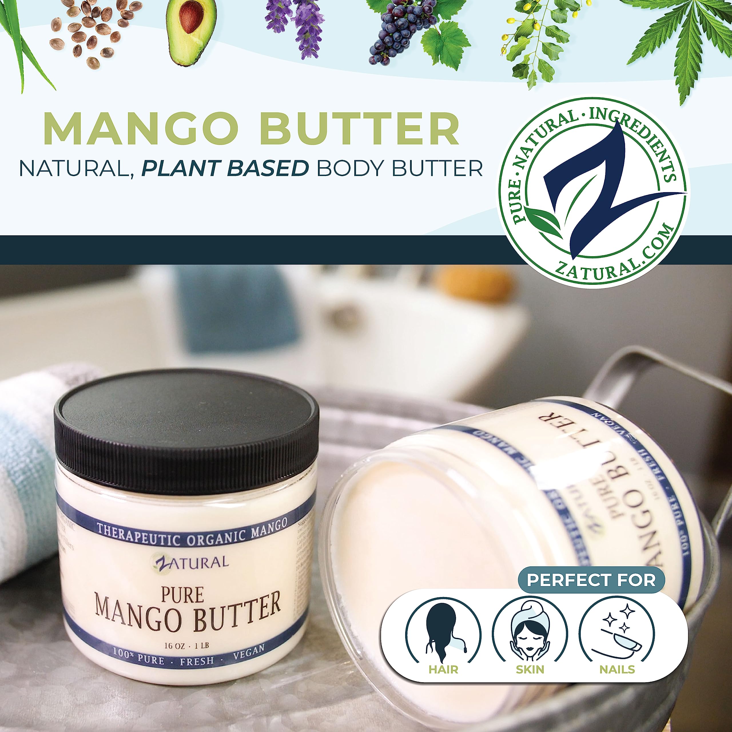 Pure Organic Mango Butter-2 Sizes Available-Food Grade & Cosmetic Grade, Organic, Pure, Clean, Naked, (16 Ounce)