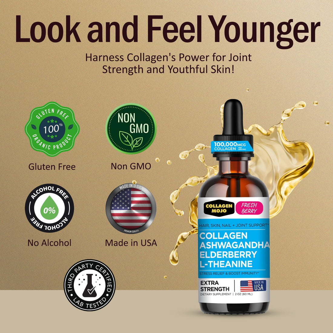 Collagen Mojo - Liquid Collagen for Women & Men, Collagen Peptides with Ashwagandha, Elderberry & L-Theanine - Hair, Skin, Nails, Joint & Stress Support, High Absorption - 100,000mcg, 2 Oz