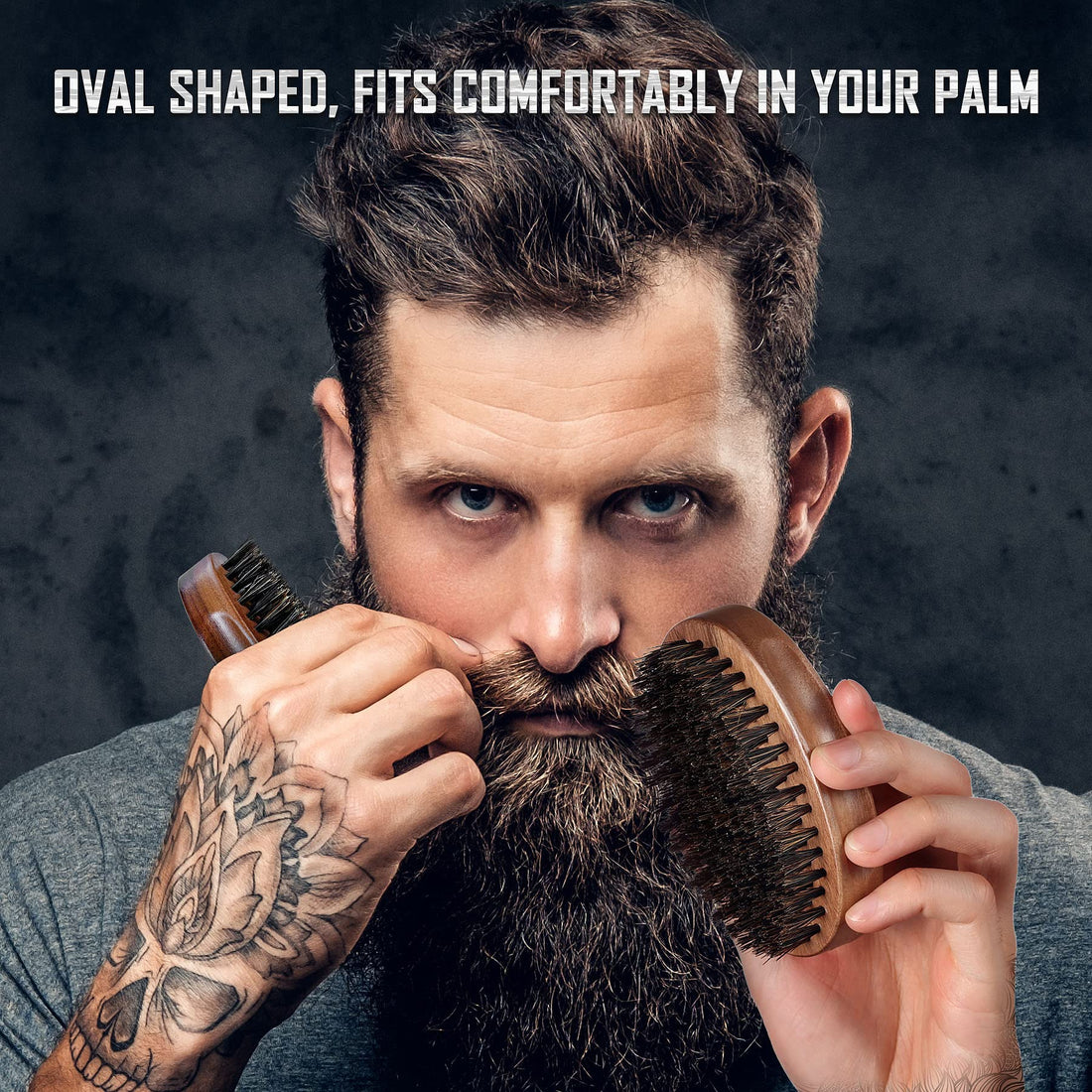 BFWood Boar Bristle Beard Brush - Black Wood Walnut Military Style, Men's Wooden Mustache Brush