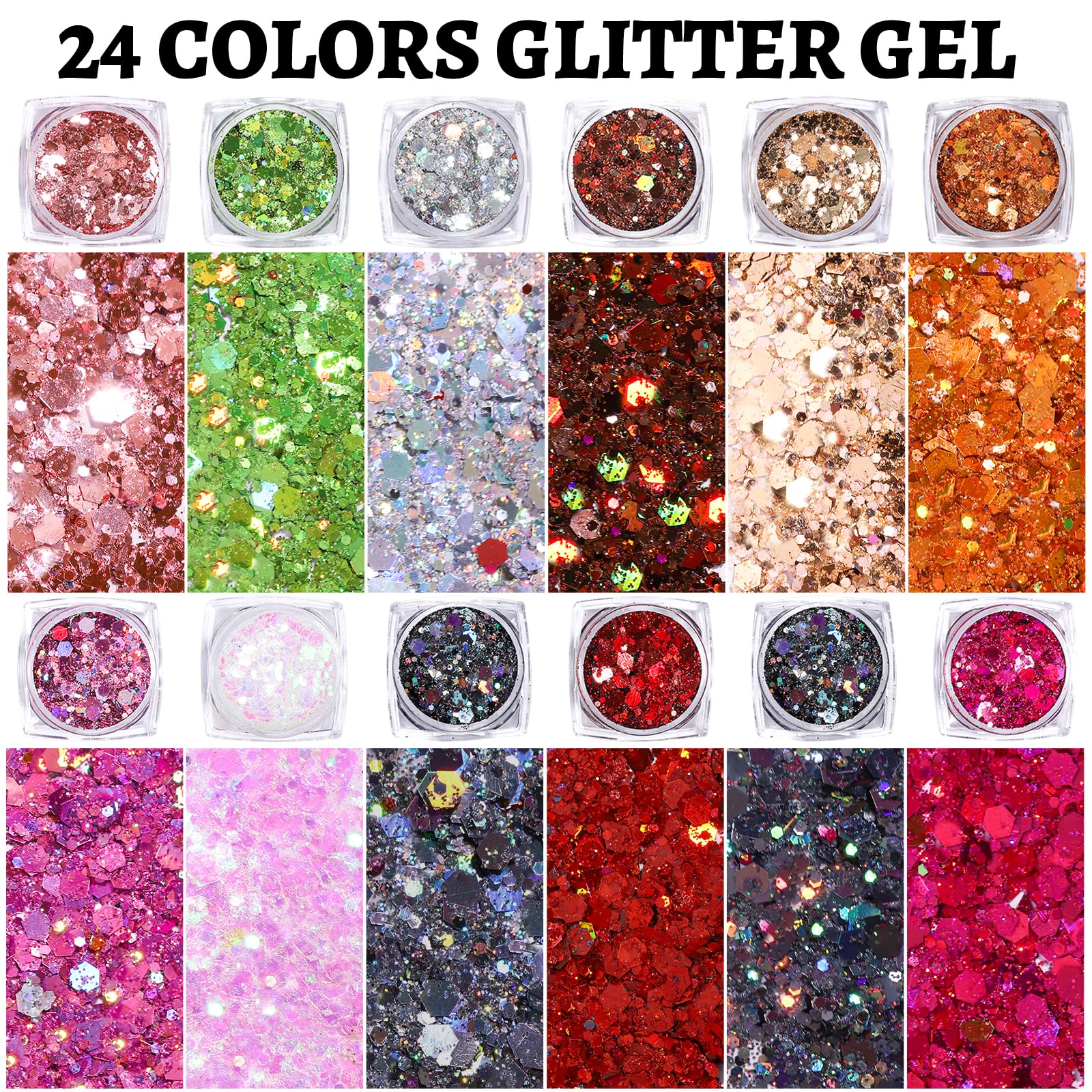 Teenitor 24 Colors Body & Hair Glitter Gel - Face, Body, Hair Glitter for Halloween Makeup