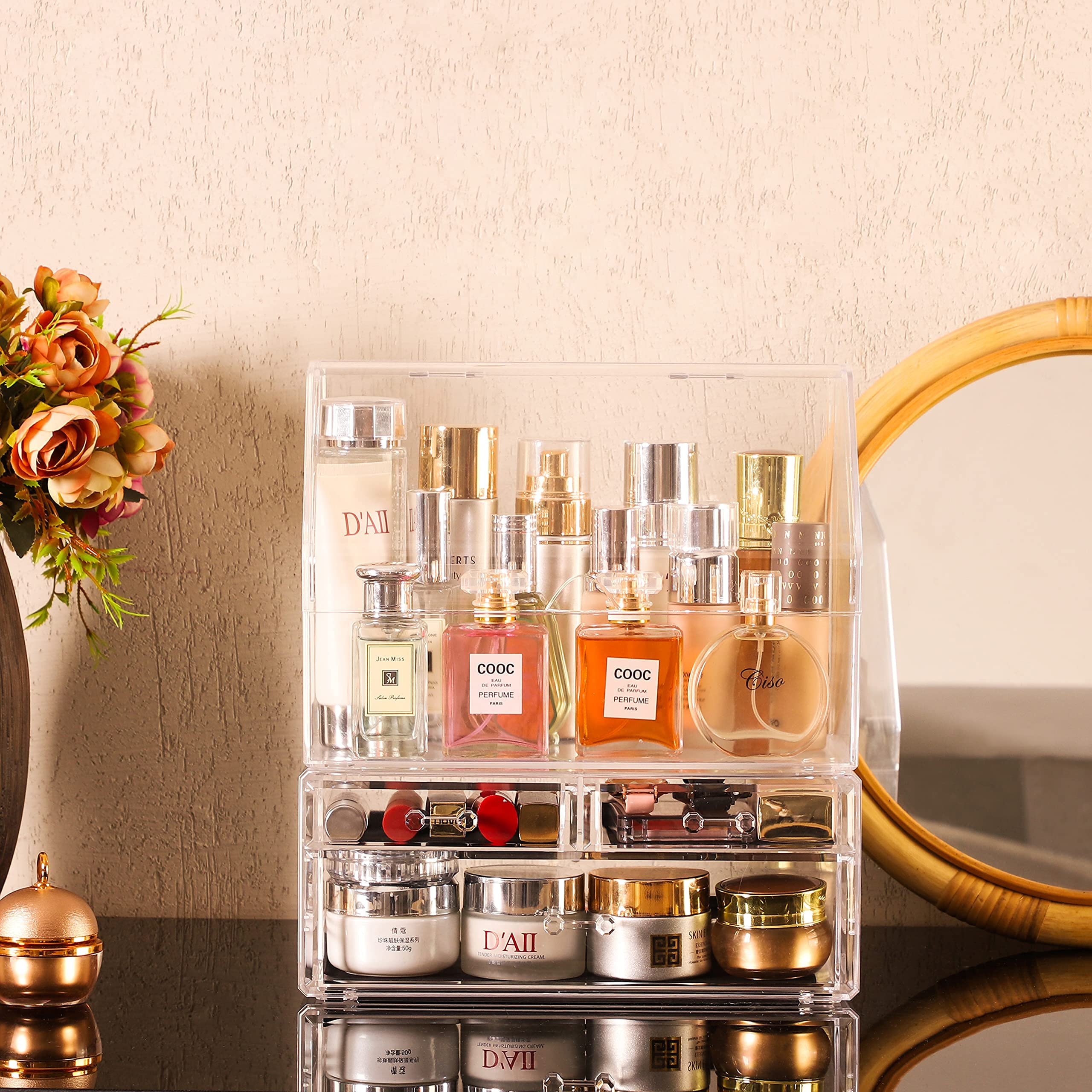 Cq acrylic Makeup Organizer with 3 Drawers -Clear Plastic Skincare and Cosmetic Storage for Vanity Countertop,Dresser Top Organizer for Beauty Products,Cologne Perfume-Bathroom Countertop Organization