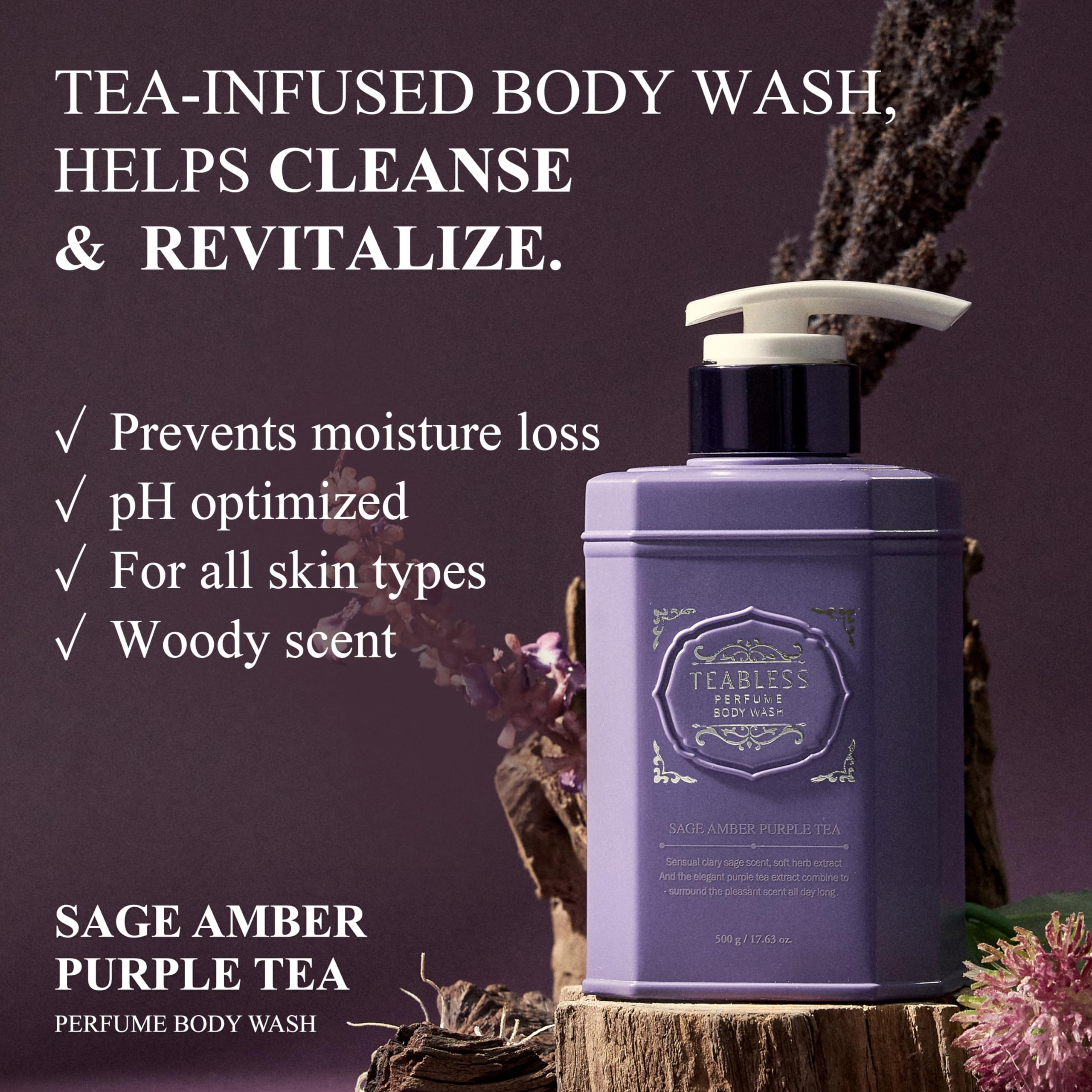 Perfumed Body Wash, Sage Amber Purple Tea (17.63oz/500ml) - Hydrating Body Cleanser for Sensitive Skin - Korean Skin Care with Herbs - Gentle, Moisturizing, Non-Sticky, Floral Woody Scent