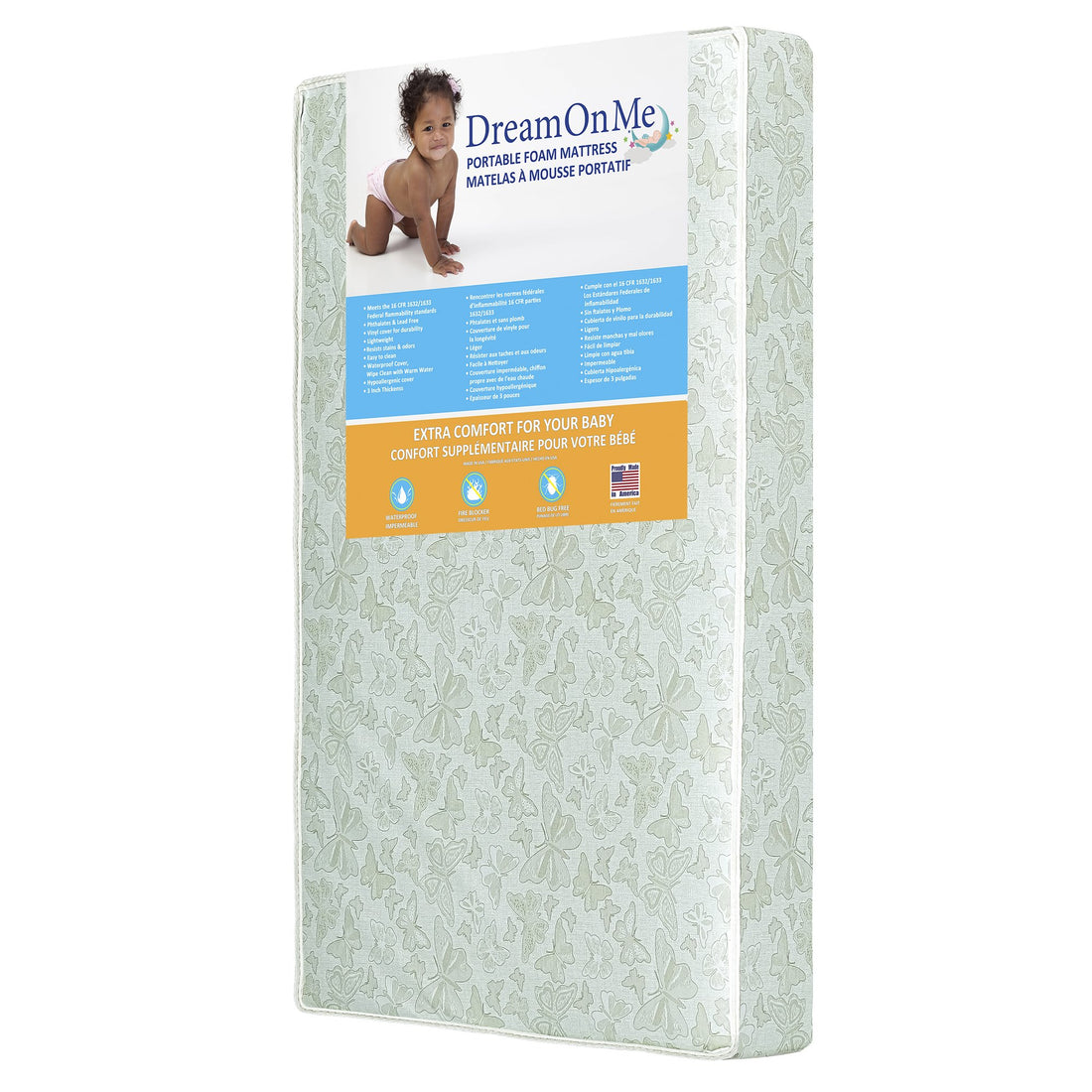 Dream On Me Butterfly 3” Two-Sided Fiber Portable/Mini Crib Mattress, Greenguard Gold Certified, Waterproof Dual-Sided Mattress, Vinyl Cover