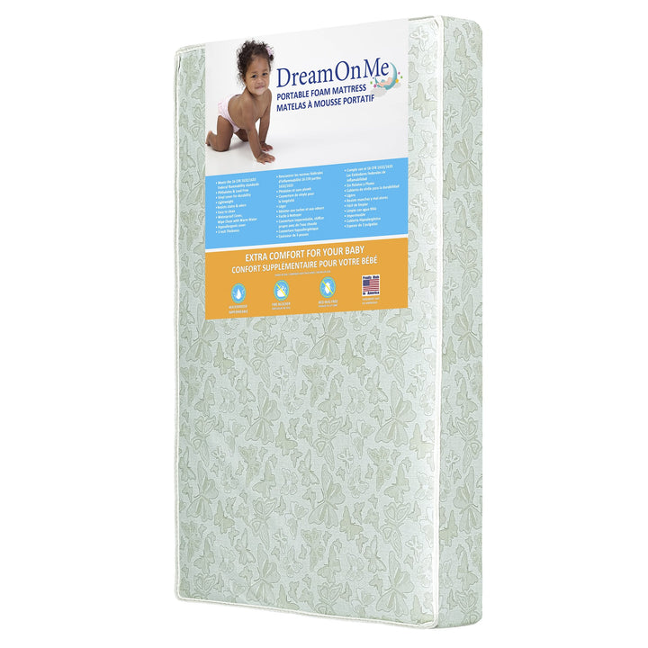 Dream On Me Butterfly 3” Two-Sided Fiber Portable/Mini Crib Mattress, Greenguard Gold Certified, Waterproof Dual-Sided Mattress, Vinyl Cover