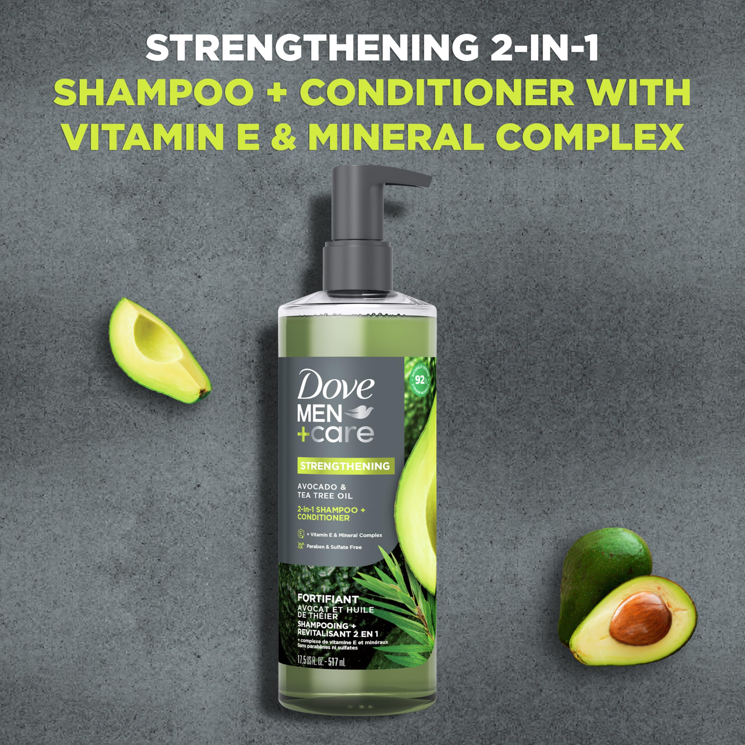 Dove Men+Care 2-in-1 Shampoo + Conditioner Avocado & Tea Tree Oil for Strengthening Hair, with Vitamin E & Mineral Complex, 17.5 oz