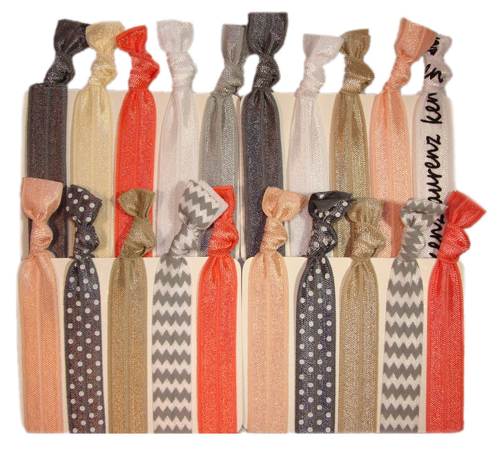 Hair Ties Ponytail Holders - 20 Pack Silver Peach Chevron No Crease Ouchless Elastic Styling Accessories Pony Tail Holder Ribbon Bands - By Kenz Laurenz