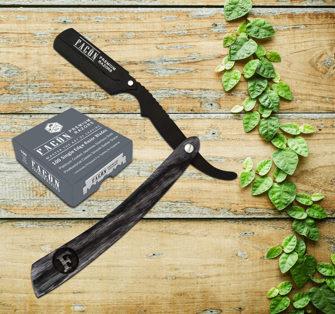100 BLADES + FacÃƒn Professional Wooden Straight Edge Barber Razor - Salon Quality Cut Throat Shavette