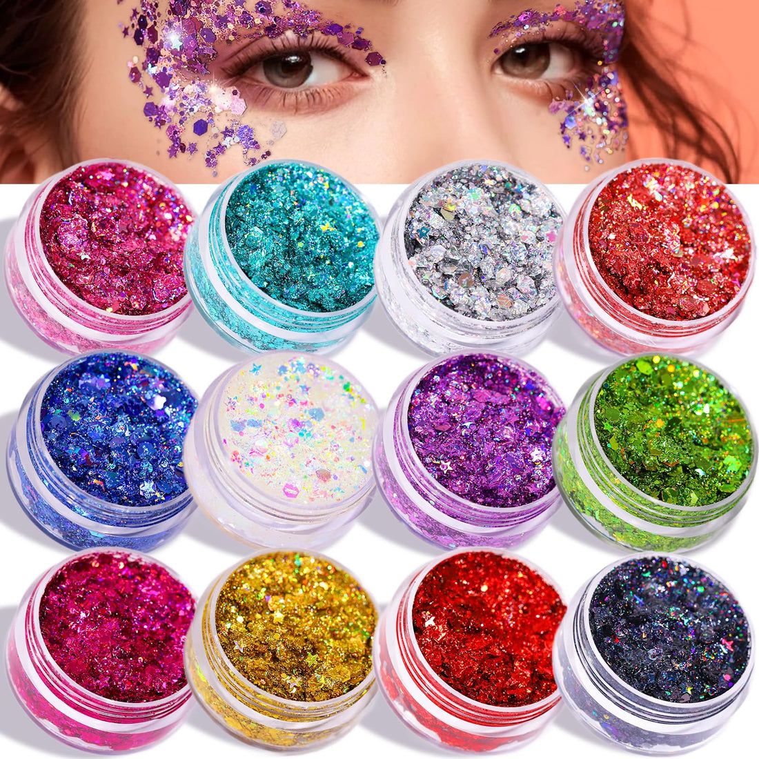 Teenitor Face Glitter Makeup Hair Glitter, 12 Colors Face and Body Glitter Gel for Festival Makeup, Gel Glitter for Face, Body, Hair, Total 120g/4.23oz