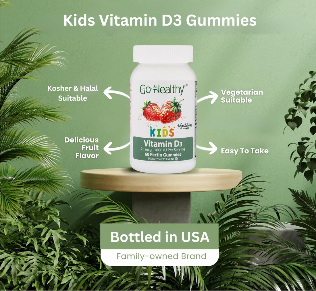 Go Healthy Kids Vitamin D Gummies – Toddler & Children's Chewable Supplement, Growth & Immune Support – Kosher, Halal, Non-GMO, Gluten-Free, Delicious Fruit Flavor - 60 Servings