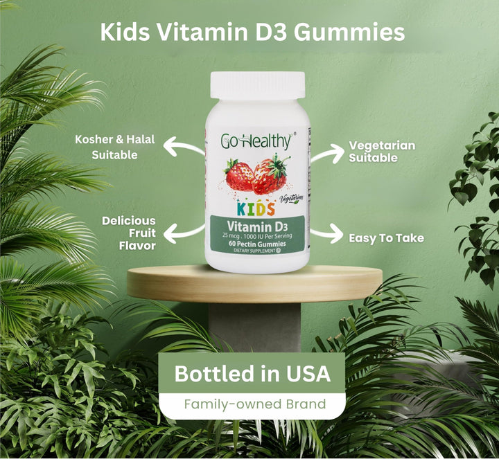 Go Healthy Kids Vitamin D Gummies – Toddler & Children's Chewable Supplement, Growth & Immune Support – Kosher, Halal, Non-GMO, Gluten-Free, Delicious Fruit Flavor - 60 Servings