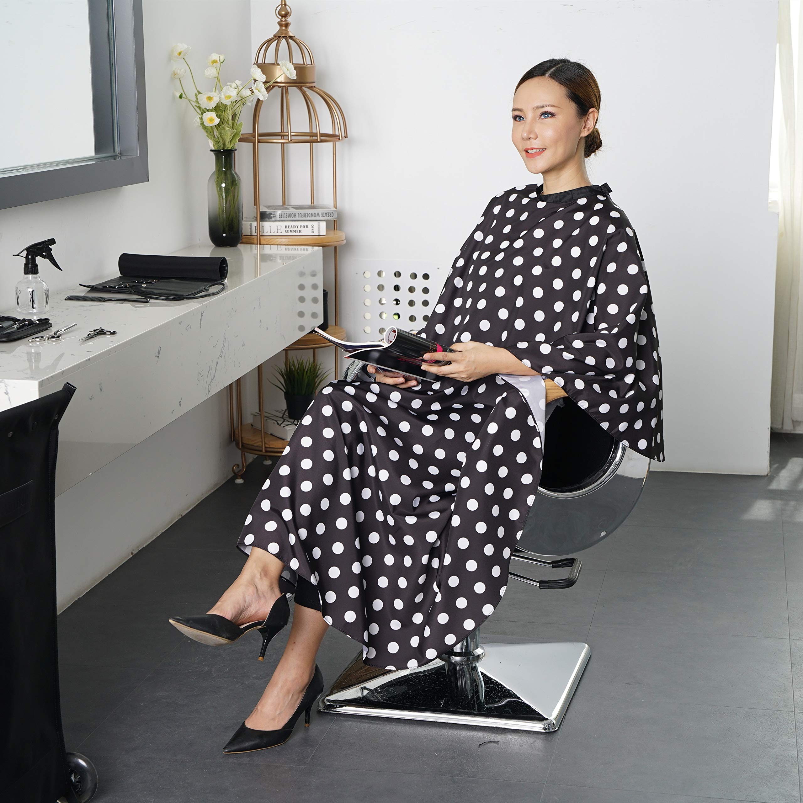 smarthair professional salon cape polyester baber cape hair cutting cape,54x62,black and white dots,c375001c