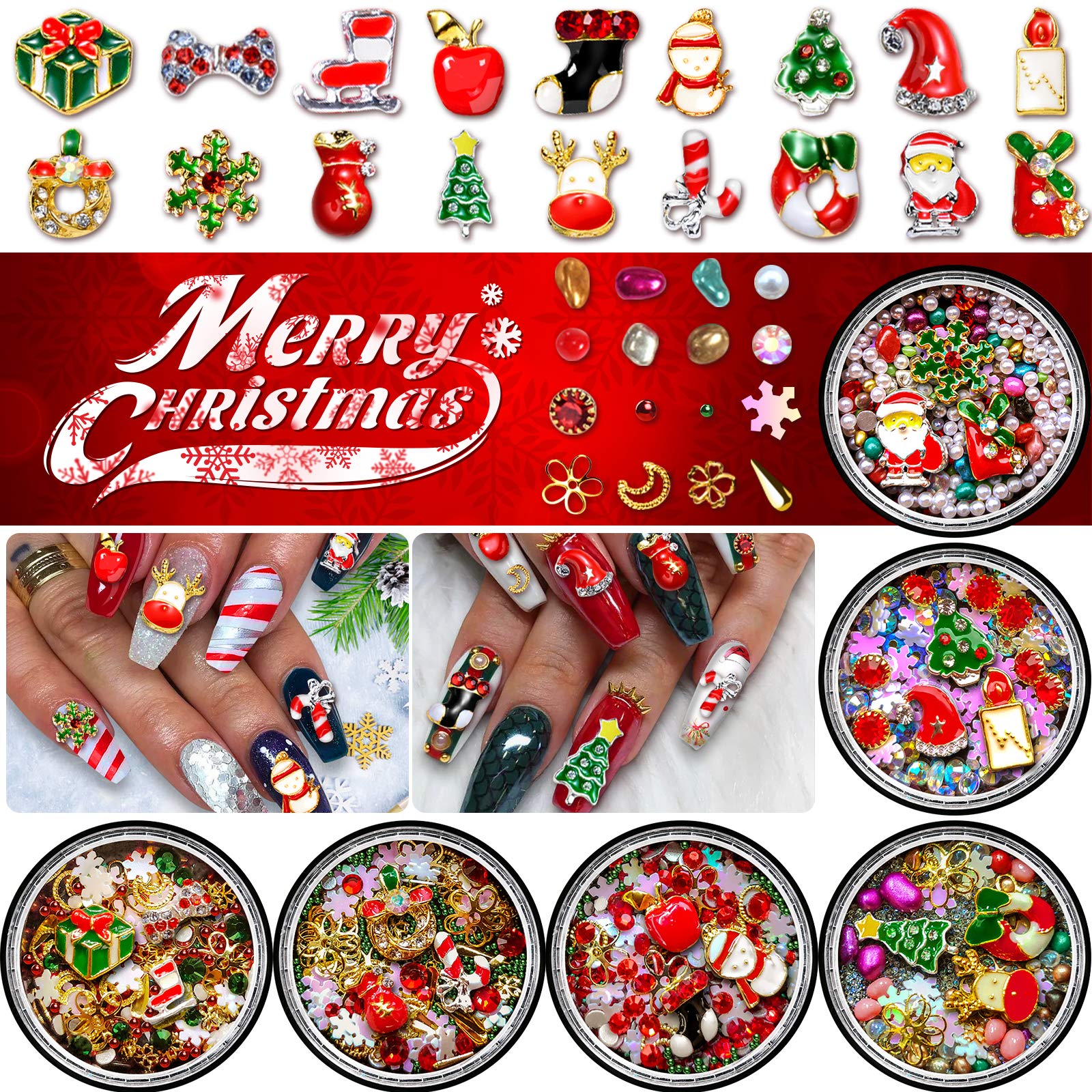 Christmas Nail Rhinestones, Super Valued Over 1500pcs 6 Pots 3D Nail Charms Sequins Alloy Santa Reindeer Snowman Snowflake Garland, Metal Nail Studs Moon flowers Gems Jewelry DIY Nail Art Decoration