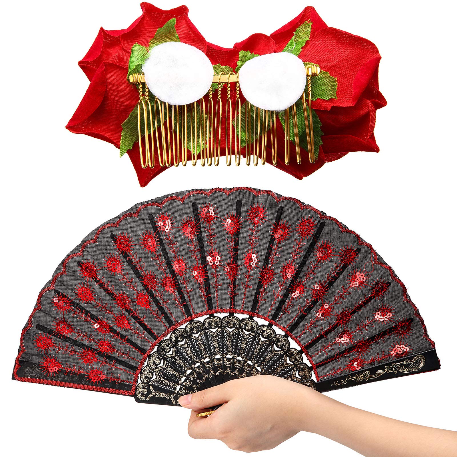 2 Pieces Women Rose Flower Hair Clip and Embroidered Sequins Fabric Handheld Folding Fan Hair Accessories for Flamenco Dancer Costume Accessories Girl Cosplay Party