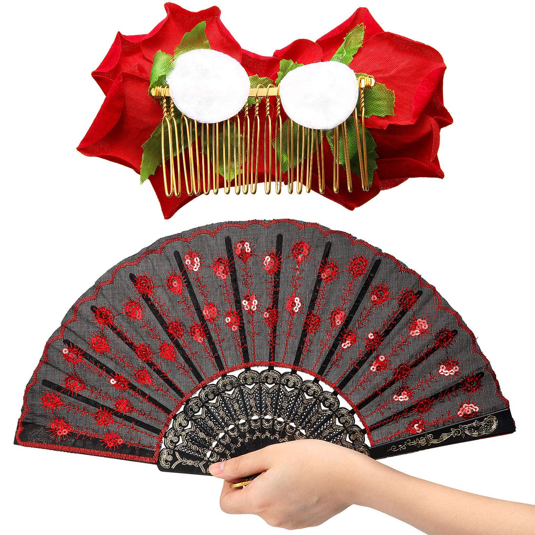 2 Pieces Women Rose Flower Hair Clip and Embroidered Sequins Fabric Handheld Folding Fan Hair Accessories for Flamenco Dancer Costume Accessories Girl Cosplay Party